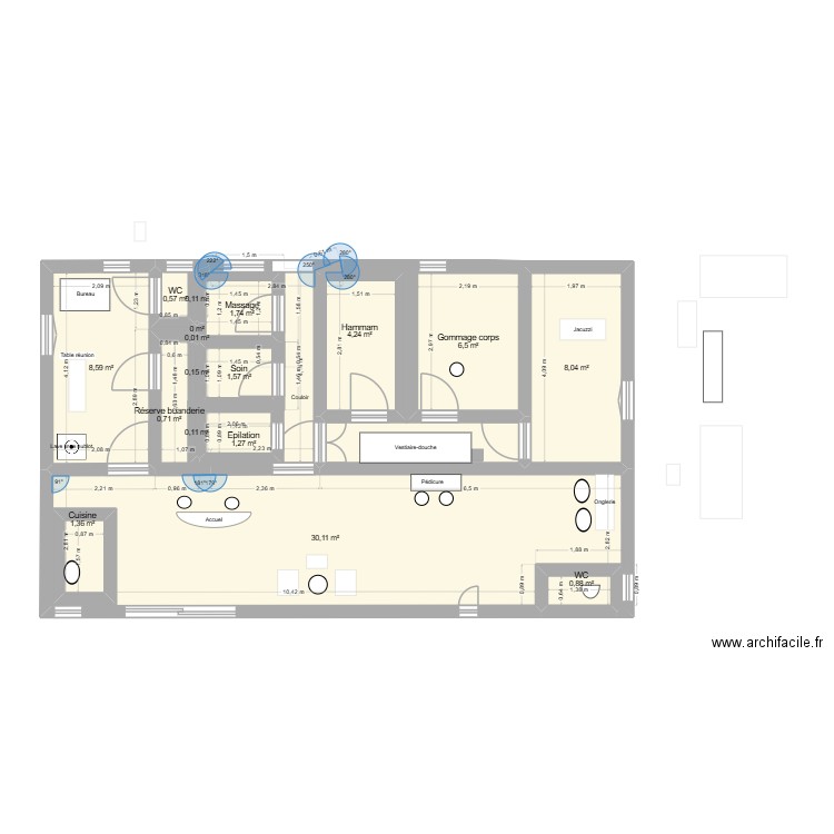 LRC institut de beauté. Plan de 17 pièces et 74 m2