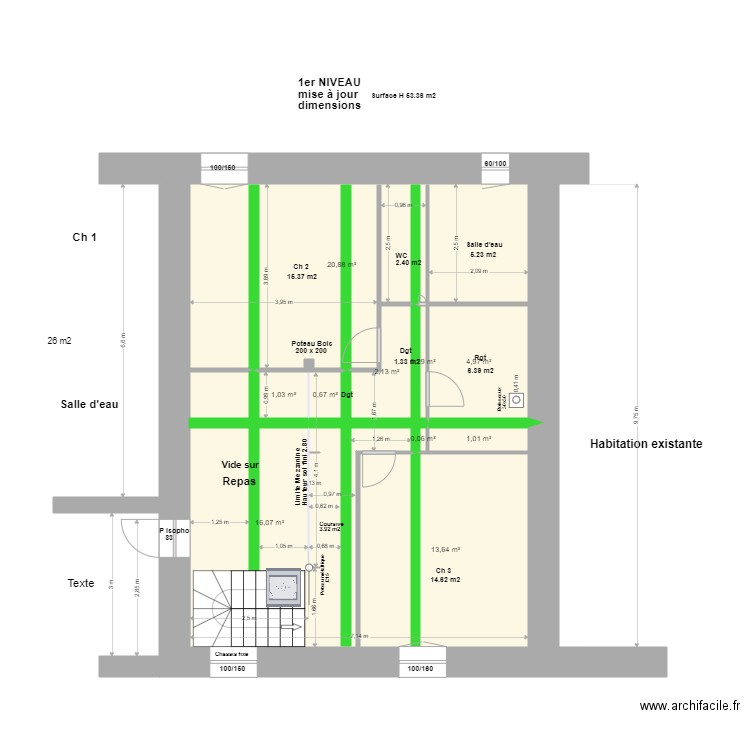 Emplacement charpente existante  1er Niveau S 53.36m2. Plan de 10 pièces et 61 m2