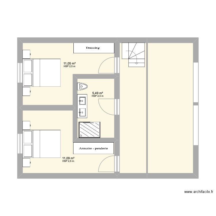 2eme Etage SDB centrale. Plan de 5 pièces et 51 m2