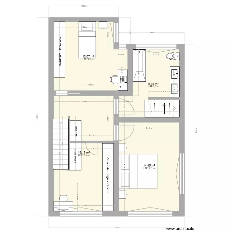 Etage sans annexe avec surfaces et cotation salle de bain V4. Plan de 4 et 54 m² Etage sans annexe avec surfaces et cotation salle de bain V4. Plan de 4 et 54 m²