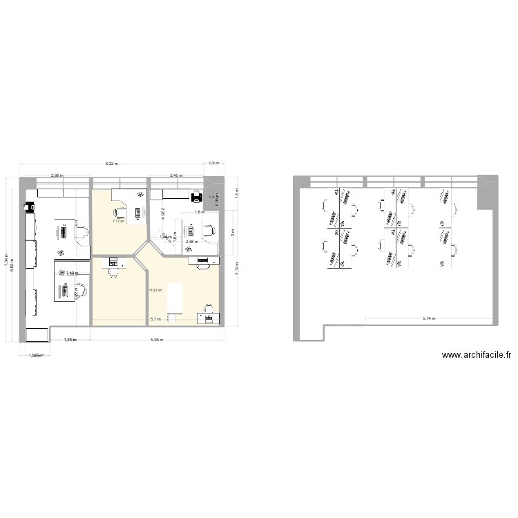 6ième. Plan de 2 pièces et 25 m2
