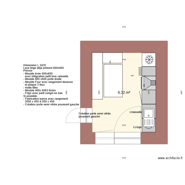 cuisine gite. Plan de 1 pièce et 9 m2