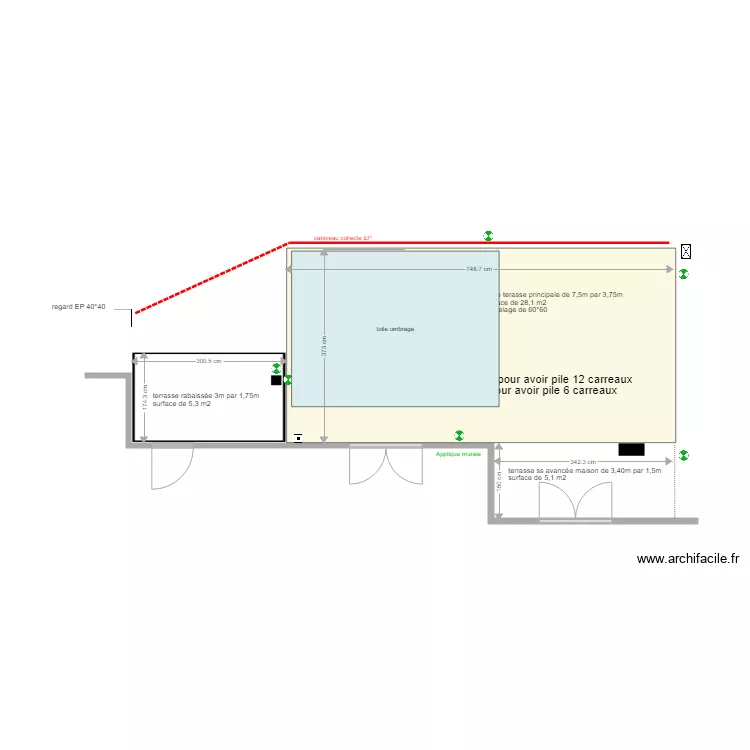 Terrasse Lussac Herviou toile ombrage. Plan de 