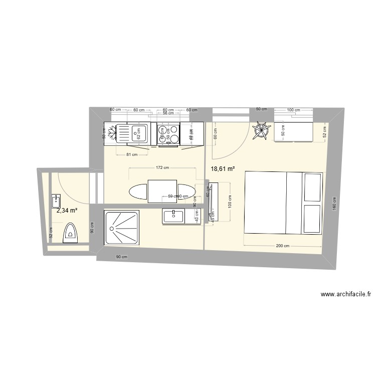 P. B. aménagé 1. Plan de 2 pièces et 21 m2