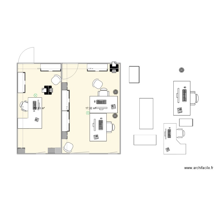 futurs bureaux. Plan de 2 pièces et 30 m2