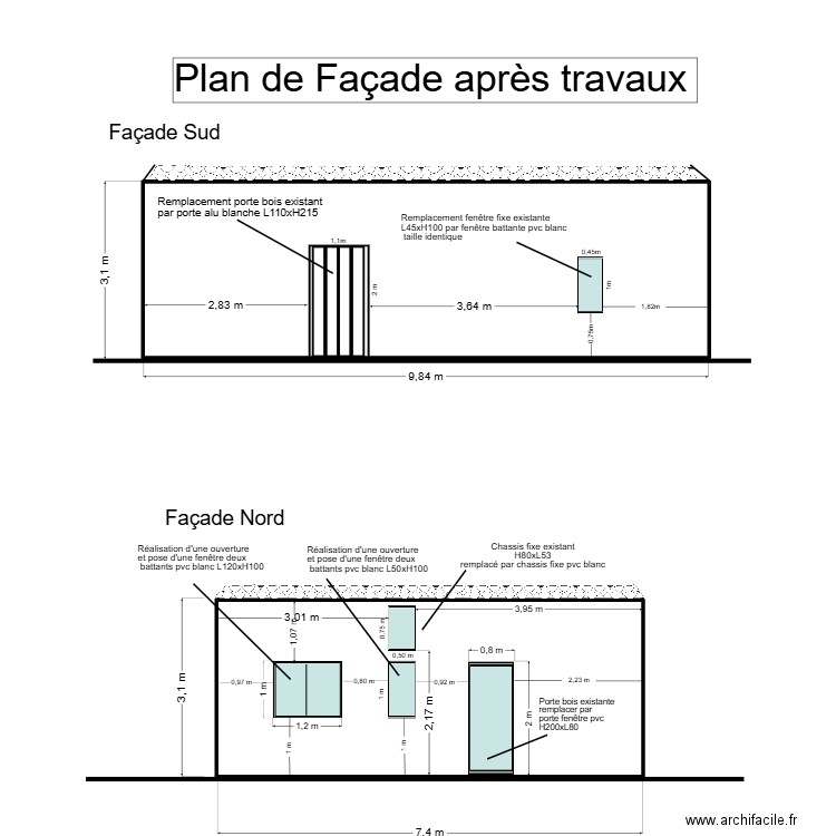 facades apres travaux p2. Plan de 2 pièces et 52 m2