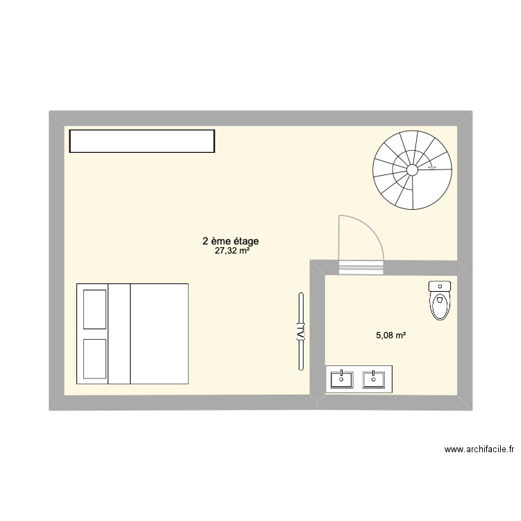 deuxième étage. Plan de 2 pièces et 32 m2