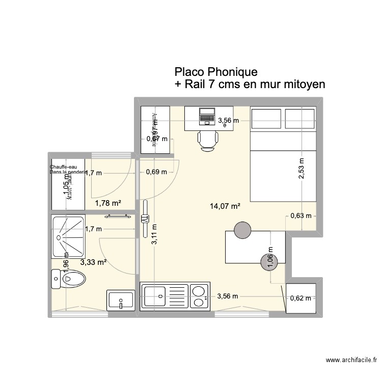 Decaz Gambetta Appt 9 V3. Plan de 3 pièces et 19 m2