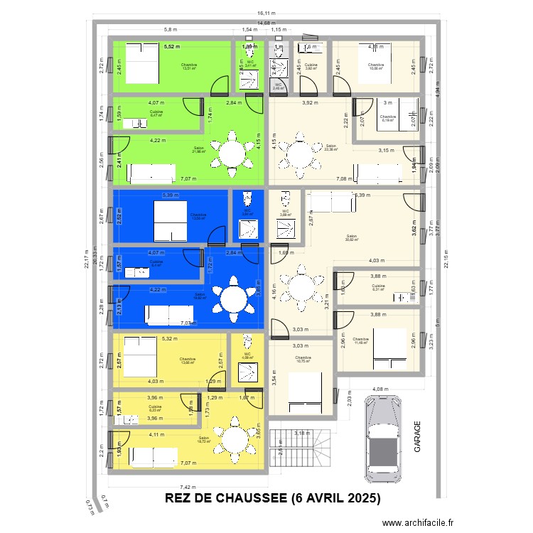 REZ DE CHAUSSEE 6 AVRIL 2025. Plan de 22 pièces et 240 m2