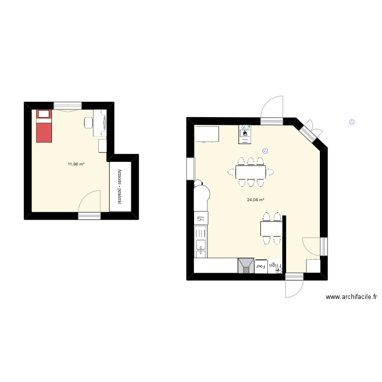 Chambre - pièce de vie  . Plan de 2 pièces et 36 m2