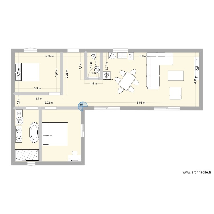 martin. Plan de 2 pièces et 76 m2