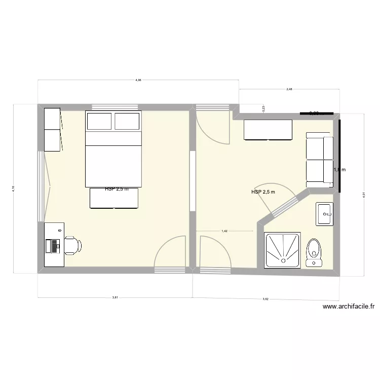 Chambre Salon Eliaz vide. Plan de 2  et 26 m²