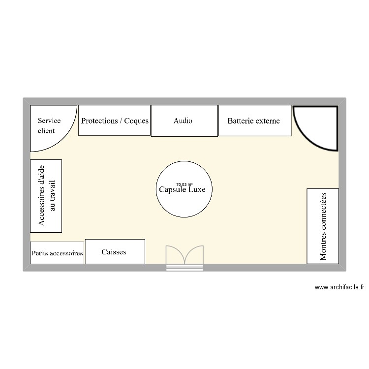 Merchandising. Plan de 1 pièce et 70 m2