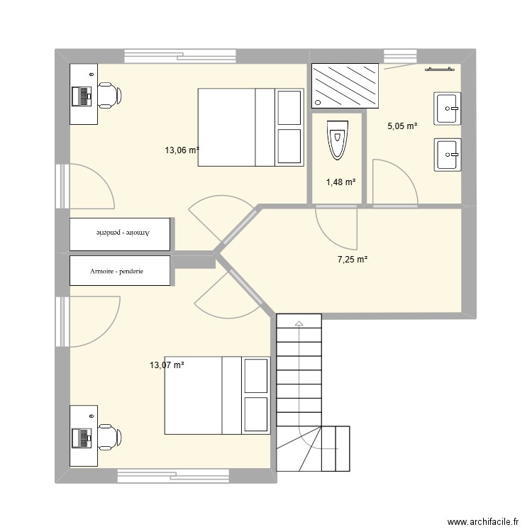 Etage enfant AVP13. Plan de 5 pièces et 40 m2
