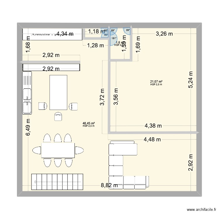 Chambre - Garage. Plan de 3 pièces et 71 m2