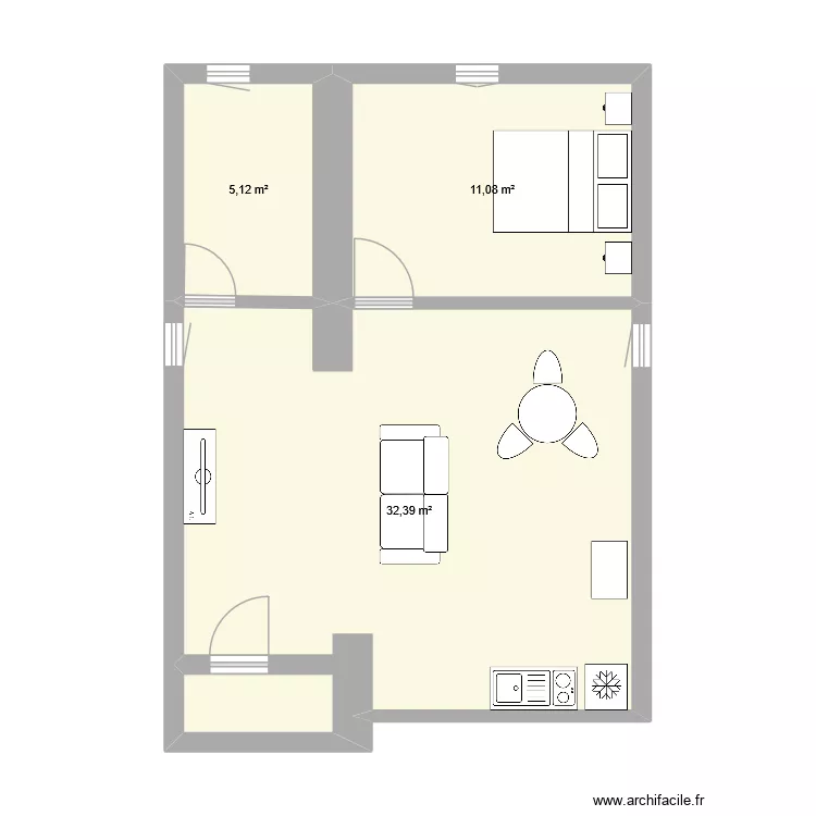 R+1 grande pi&egrave;ce. Plan de 3 pièces et 49 m²