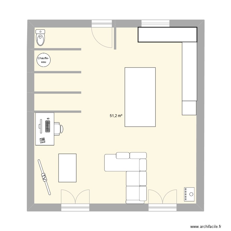 salon cuisine. Plan de 1 pièce et 51 m2