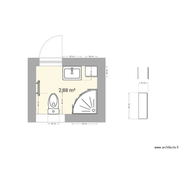 salle de bain 4. Plan de 1 pièce et 3 m2