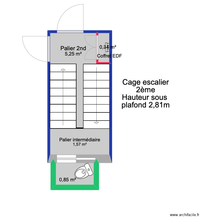 Cage escalier 1er - 2ème L. Pasteur. Plan de 4 pièces et 8 m2