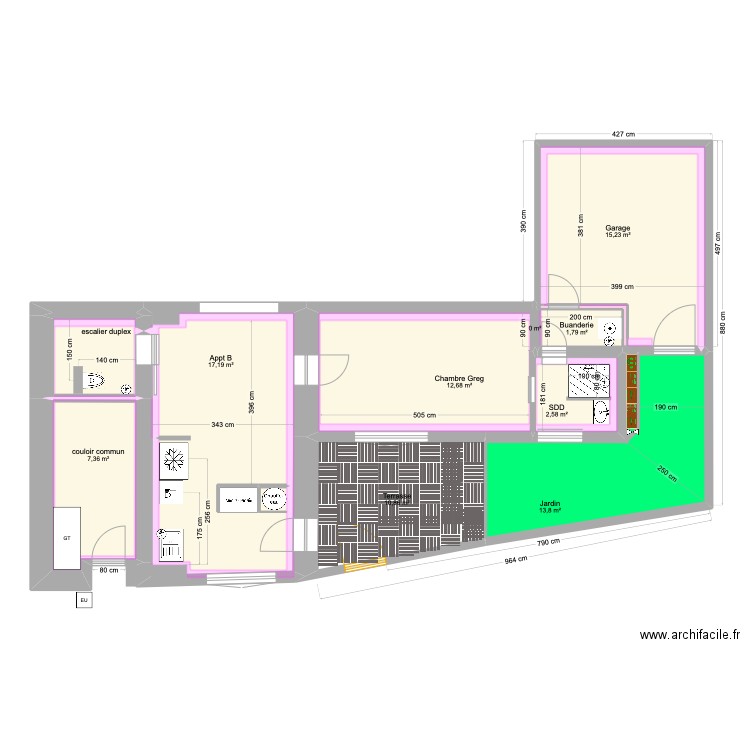 Appt B plomberie. Plan de 15 pièces et 97 m2