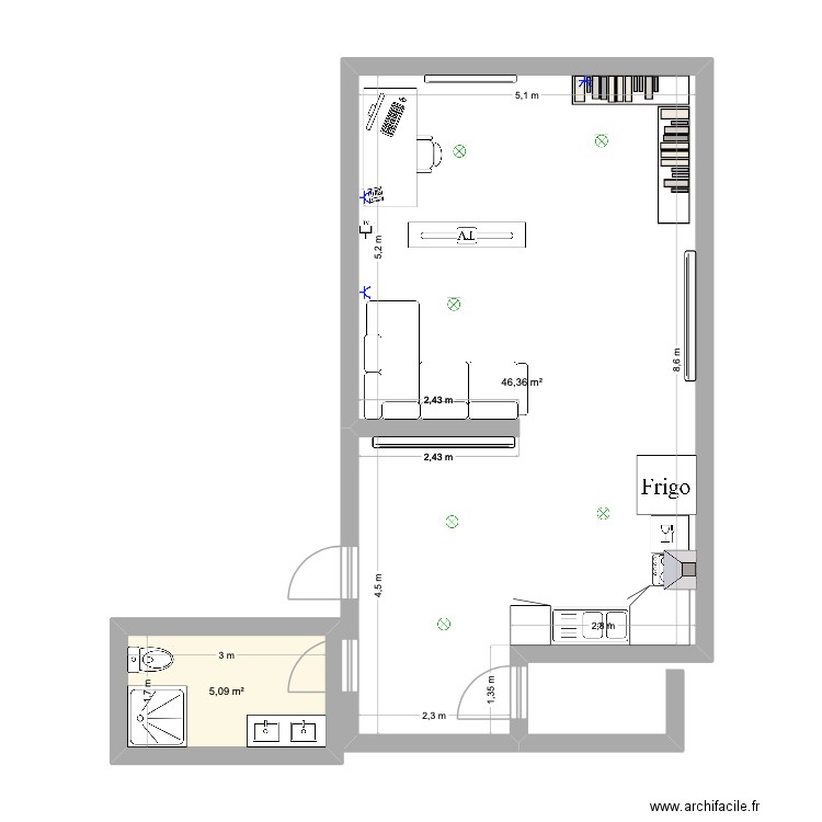 Living cave. Plan de 2 pièces et 51 m2