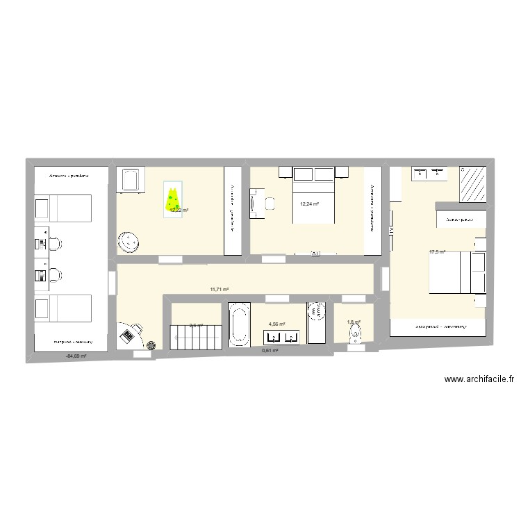 etage. Plan de 9 pièces et 64 m2