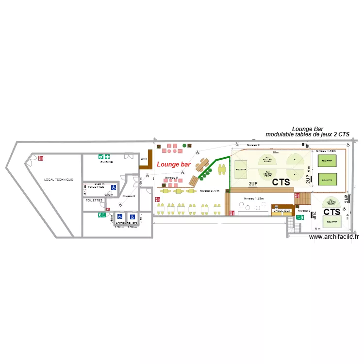 3 S&eacute;nario restauration cocktail 2 CTS modulable tables de jeux. Plan de 