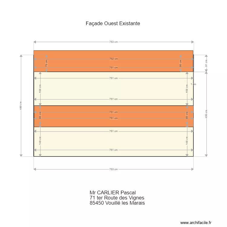 Fa&ccedil;ade Ouest existante. Plan de 