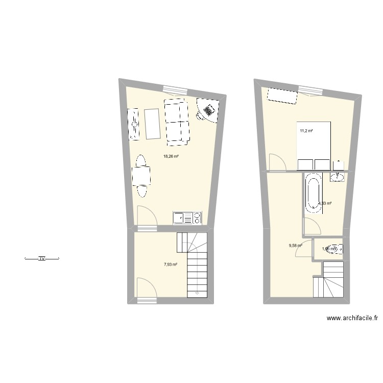 duplex. Plan de 6 pièces et 52 m2