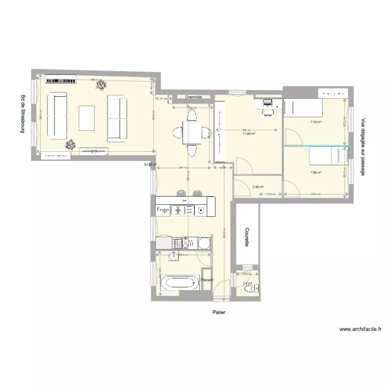 32 passage du D&eacute;sir avec 3 chambres. Plan de 