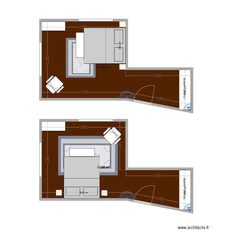 chambre S&J. Plan de 2 pièces et 44 m2
