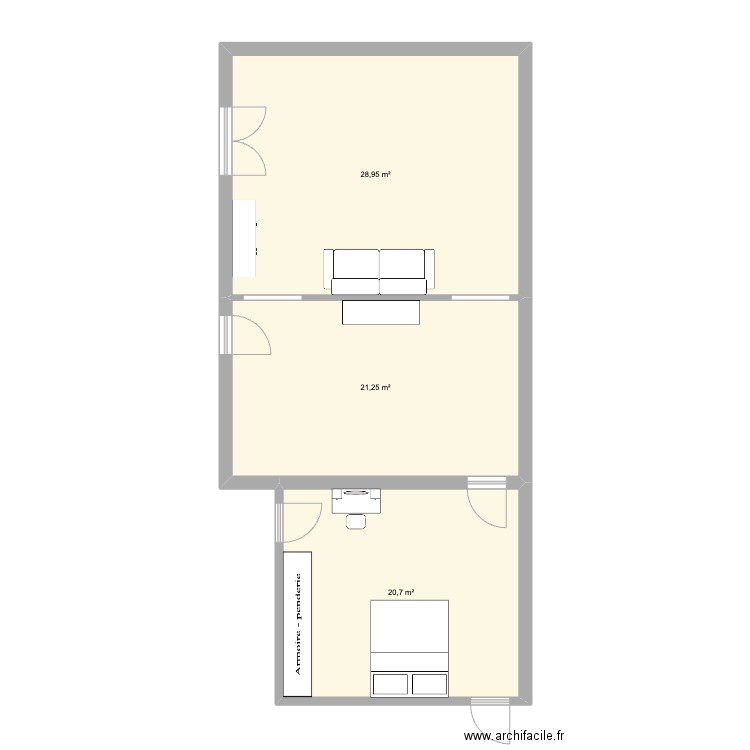 Chambre parents Faubourg. Plan de 3 pièces et 71 m2