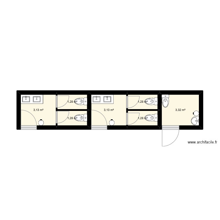 toilettes publiques. Plan de 7 pièces et 15 m2