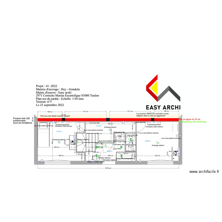 Plan technique rez-de-jardin Hey / Gondolo + escalier. Plan de 8 pièces et 34 m2