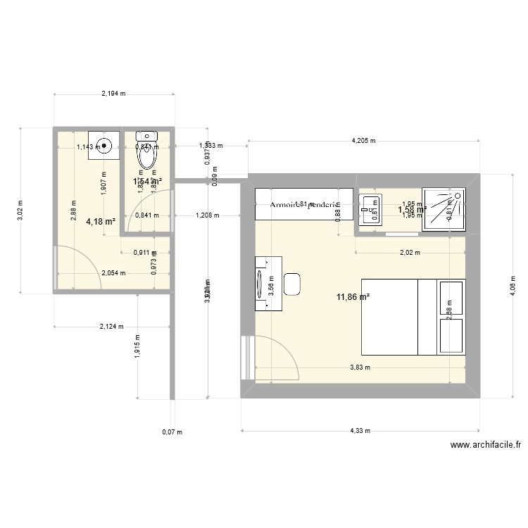 chambre L. Plan de 4 pièces et 19 m2