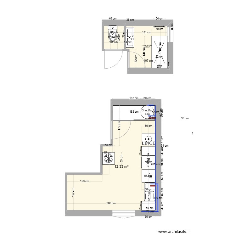 F3 sdb et cuisine. Plan de 3 pièces et 16 m2