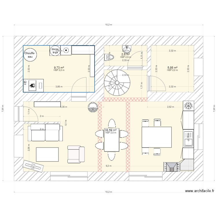 rez transformé. Plan de 4 pièces et 57 m2