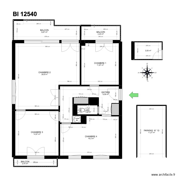BI 12540. Plan de 18 pièces et 116 m2