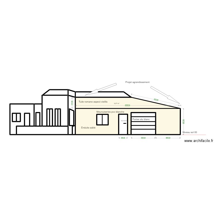 Façade sud extension garage . Plan de 20 pièces et 52 m2