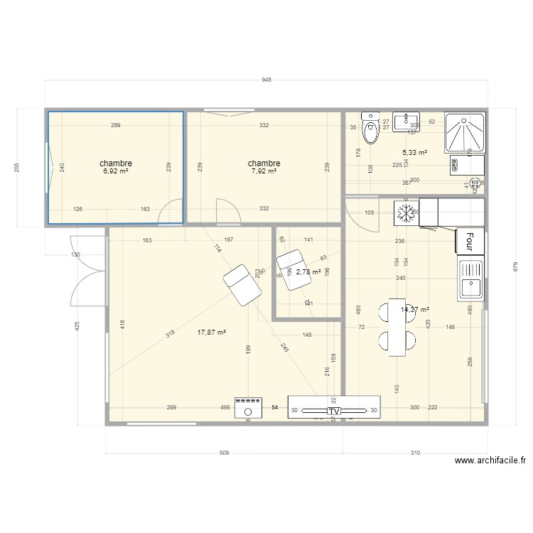 chalet 2. Plan de 6 pièces et 55 m2