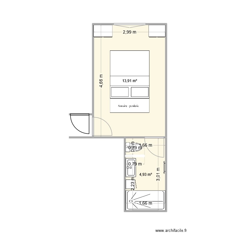 chambre_sdb_wc_prop1. Plan de 2 pièces et 19 m2