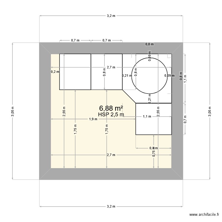 cuisine ext. Plan de 1 pièce et 7 m2