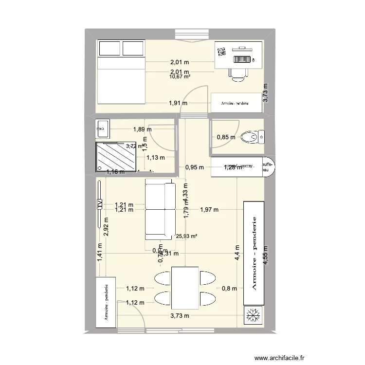 T2 2. Plan de 3  et 40 m²