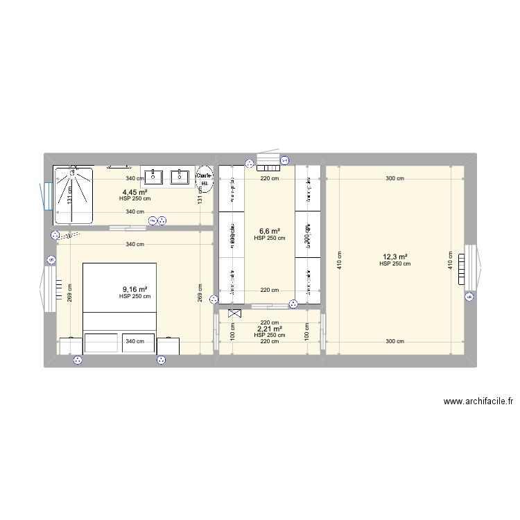 Extension. Plan de 5 pièces et 35 m2