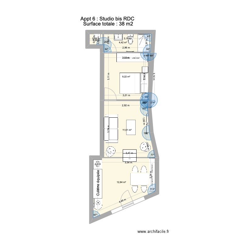 Appt 3 Studio bis RDC. Plan de 5 pièces et 38 m2