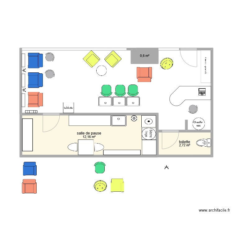 plan salon de coiffure . Plan de 3 pièces et 15 m2