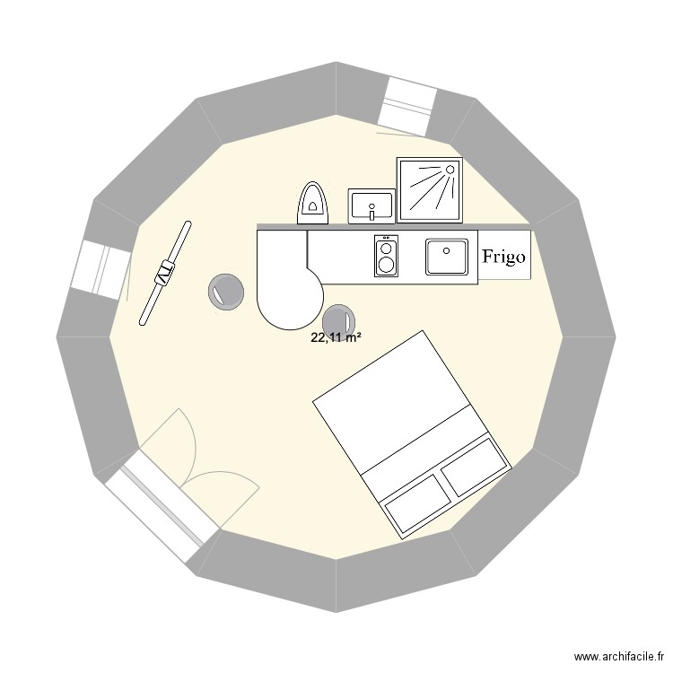 cazelle. Plan de 1 pièce et 22 m2