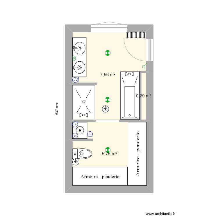 sdb paradis V7. Plan de 3 pièces et 14 m2