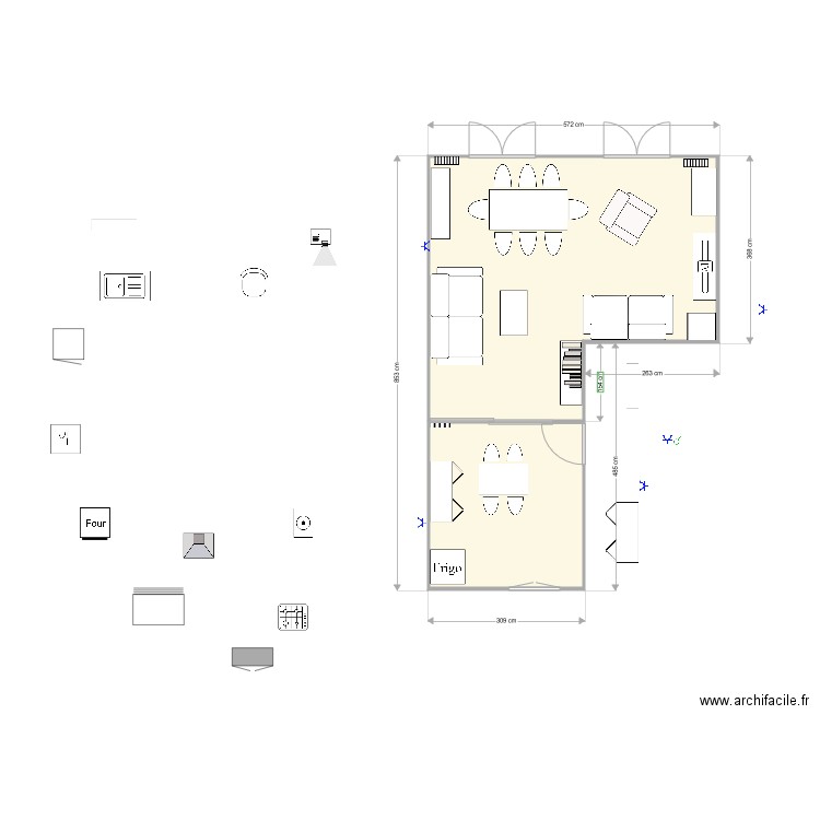 salon cuisine. Plan de 2 pièces et 34 m2