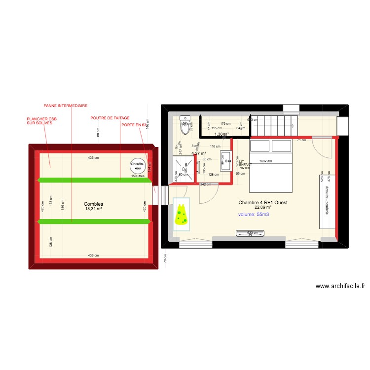 plans avec volume (clim) chambre 4 R+1 Ouest + aménagement SDE+ Combles + mobilier . Plan de 4 pièces et 54 m2